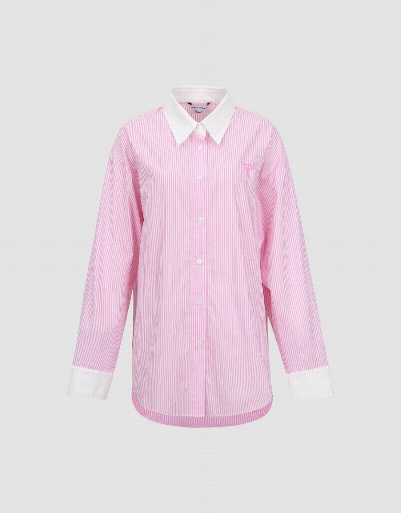 Urban Revivo Two Toned Striped Straight Women's Shirts Pink | WZC2877YR