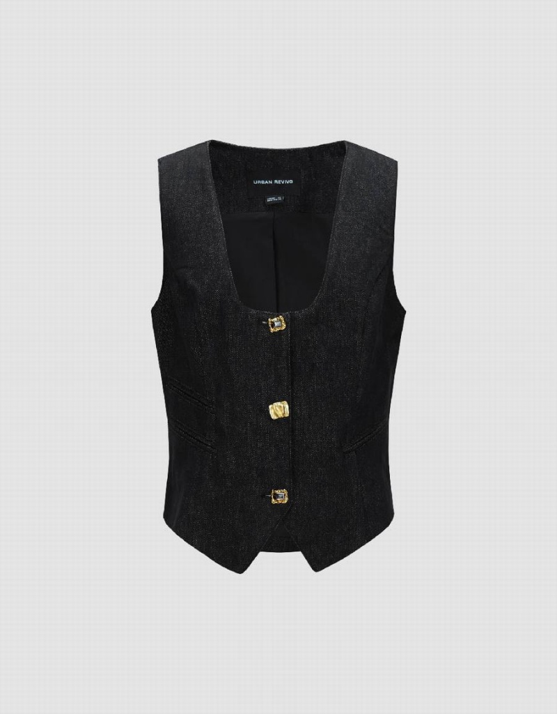 Urban Revivo U Neck Denim Waistcoat Women's Shirts Blue | OXB4012RP