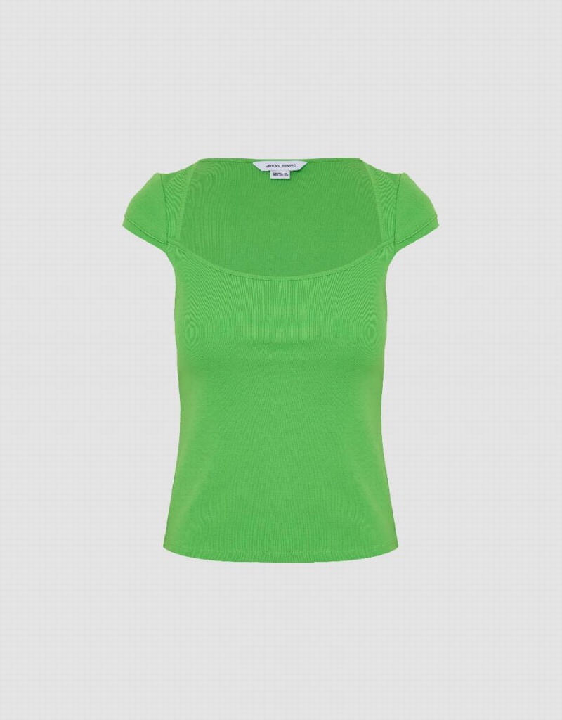 Urban Revivo U Neck Knitted Skinny Women's T Shirts Green | XOD5680TU