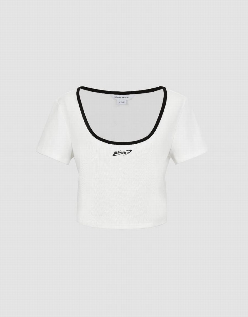 Urban Revivo U Neck Knitted Women's T Shirts White | GMV7583MT