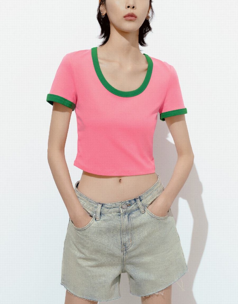 Urban Revivo U Neck Skinny Women's T Shirts Pink | XNX1150MR