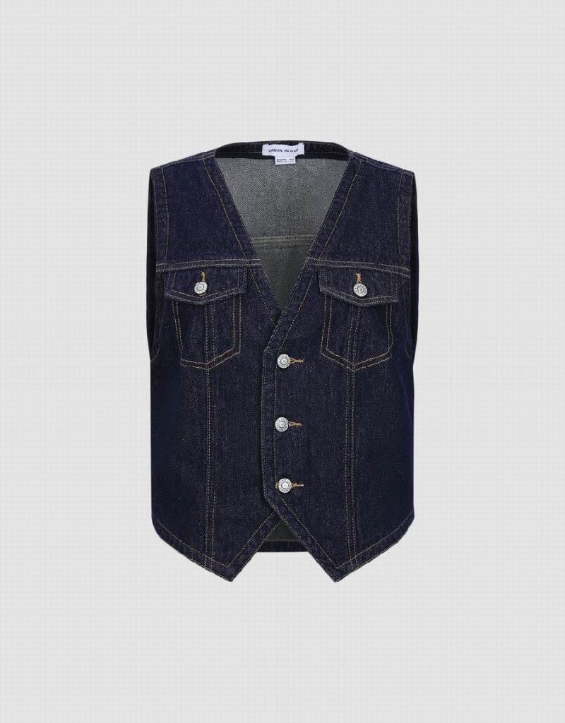 Urban Revivo V-Neck Denim Waistcoat Women's Shirts Blue | ARG6975OH