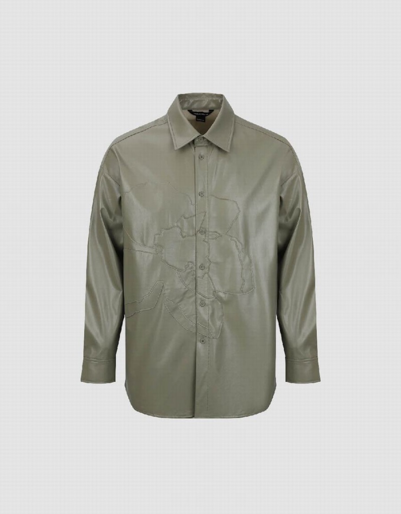 Urban Revivo Vegan Leather Loose Men's Shirts Green | FBR3734IA