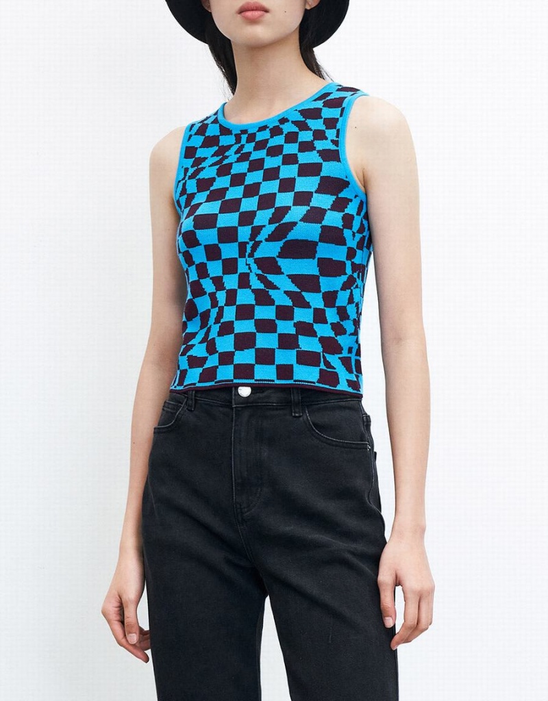 Urban Revivo Wavy Checkered Knitted Women's Tank Top Blue | MZQ4543WH