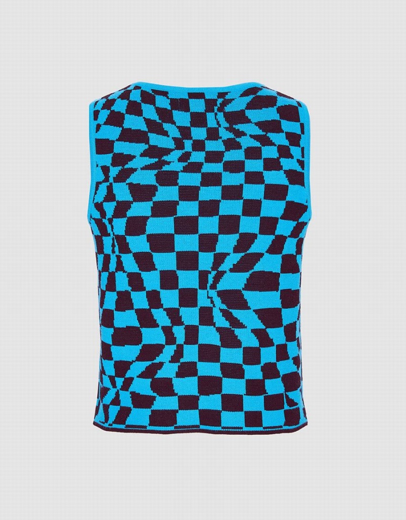 Urban Revivo Wavy Checkered Knitted Women's Tank Top Blue | MZQ4543WH