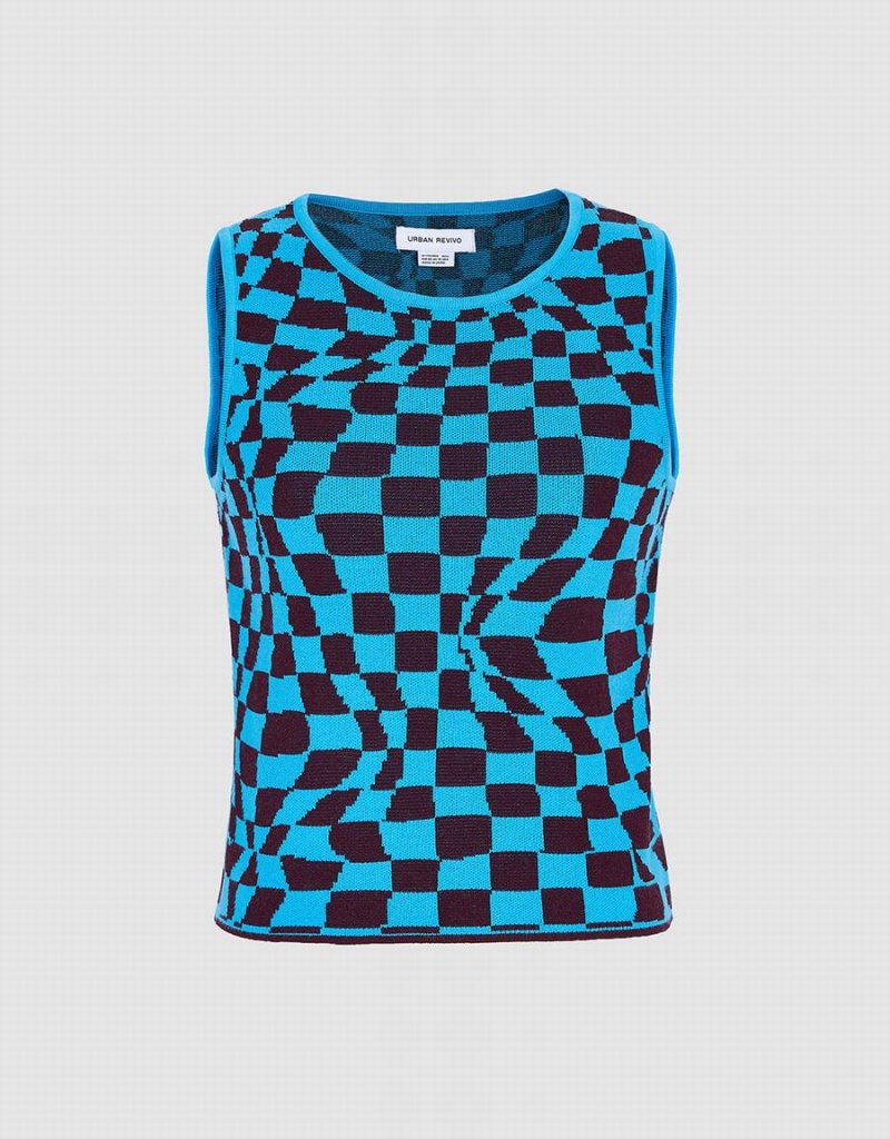 Urban Revivo Wavy Checkered Knitted Women\'s Tank Top Blue | MZQ4543WH