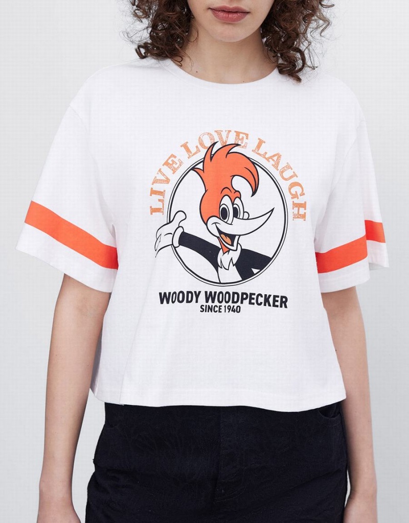 Urban Revivo Woody Woodpecker Crop Women's T Shirts Pink White | MDM6475BM