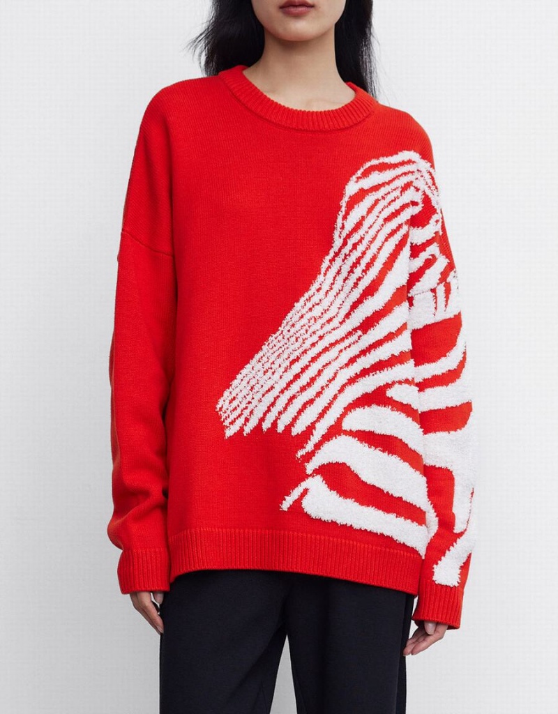 Urban Revivo Zebra Striped Crew Neck Women's Sweaters Red | EWJ525LA